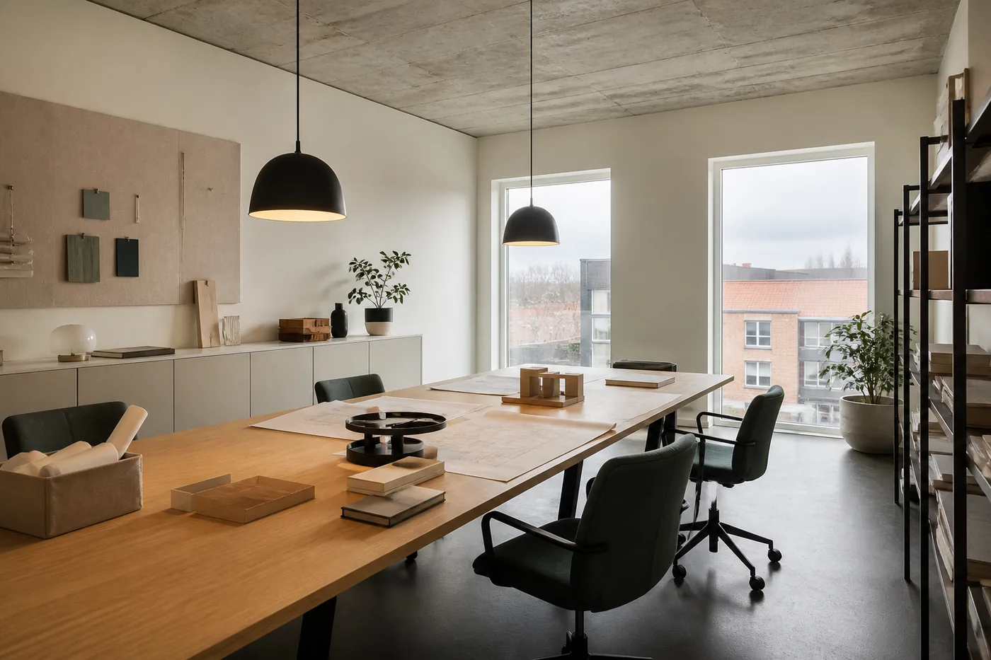 Roligt skandinavisk arbejdsmiljø med fælles planlægningsbord